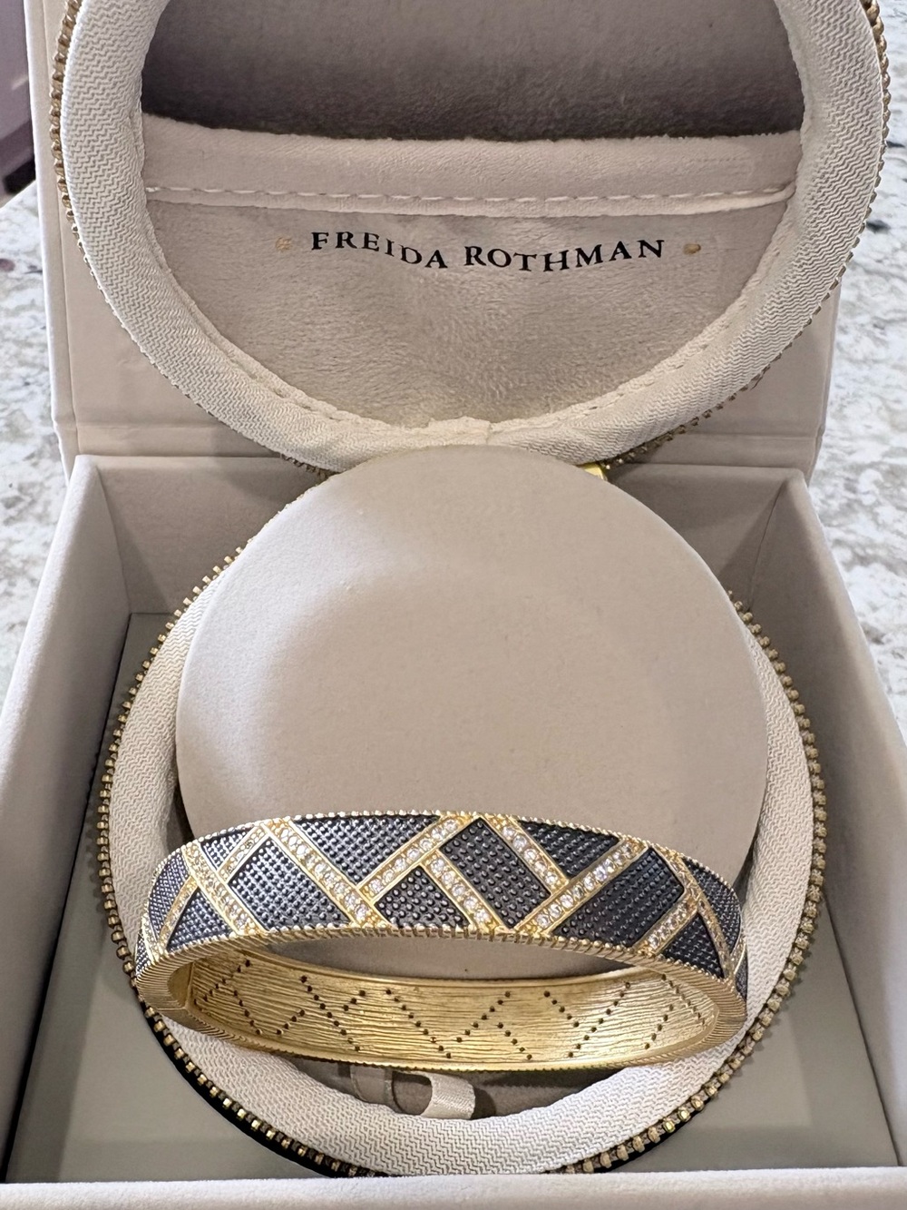Freida Rothman Gold and Black Chevron Pave Bangle Bracelet like new!
